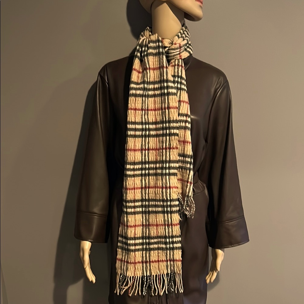 - Burberry Plaid Scarf in Beige and Black 70”